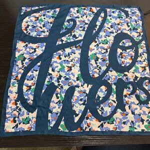 Galeries Lafayette 100% Silk Square Scarf Floral Script Logo Blue Paris NWT